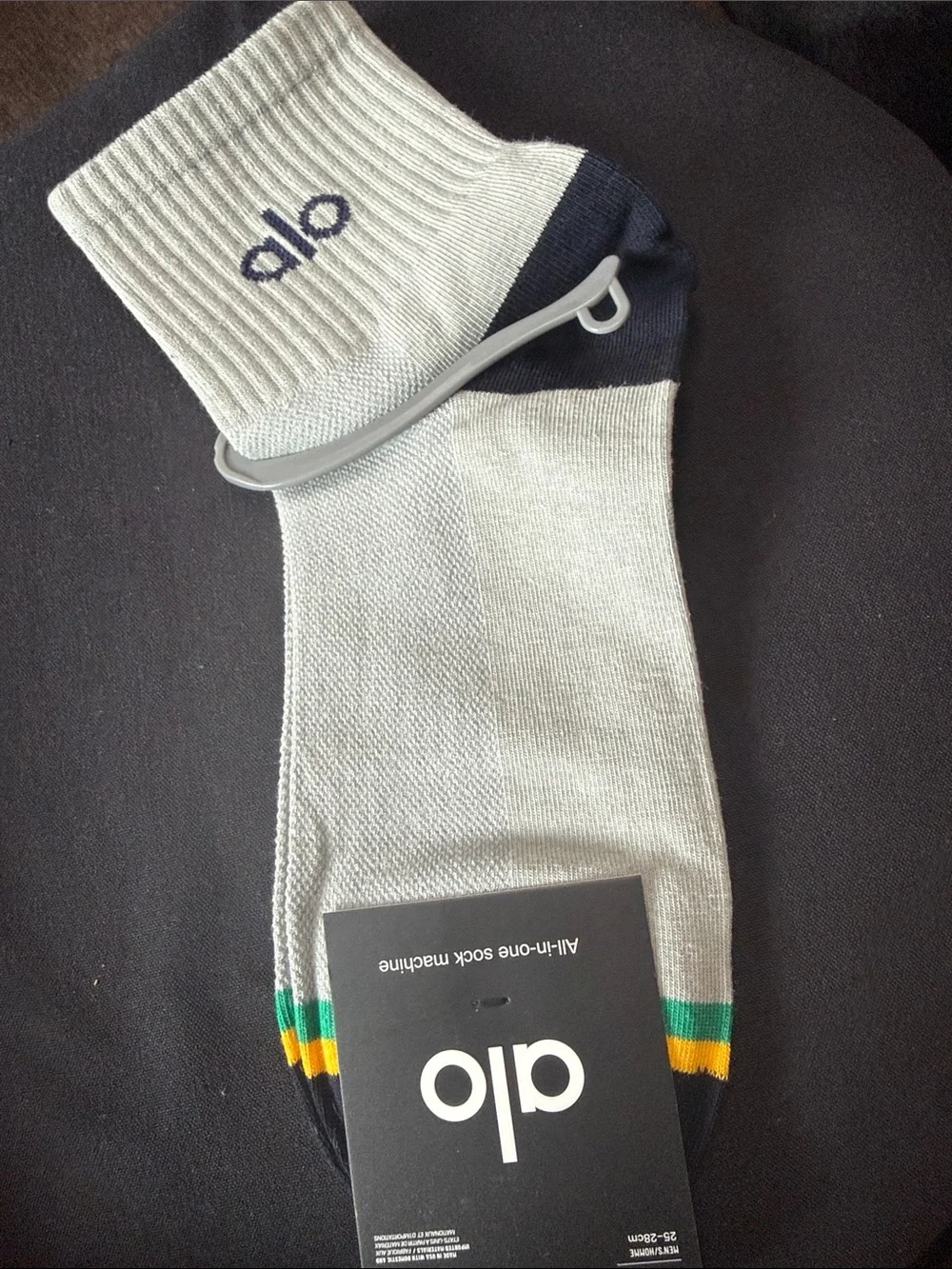 ALO Yoga Light Gray Crew Socks with Green & Yellow Accents